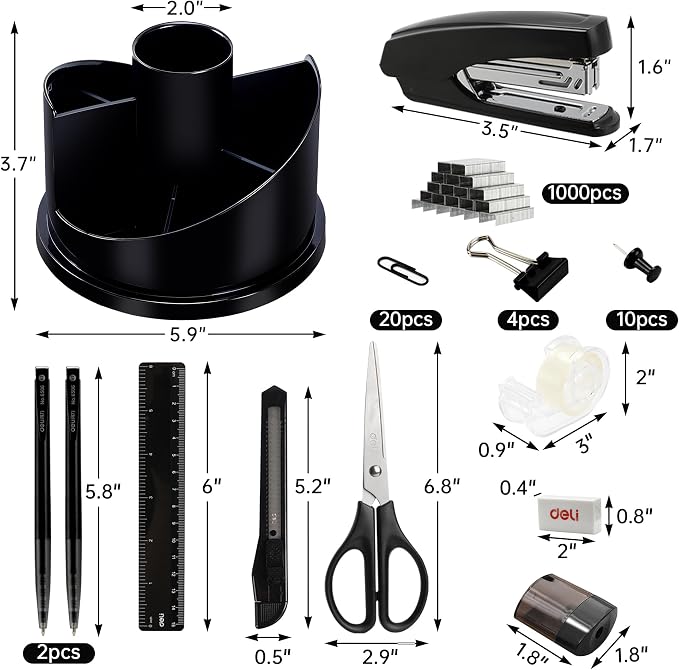 deli Office Supplies Set, Desk Accessory Organizer Kit, Black | Stationary Set, Desk Supplies with Rotating Multi-Functional Pen Holder &Stapler Set for Office, School, Home - Image 4