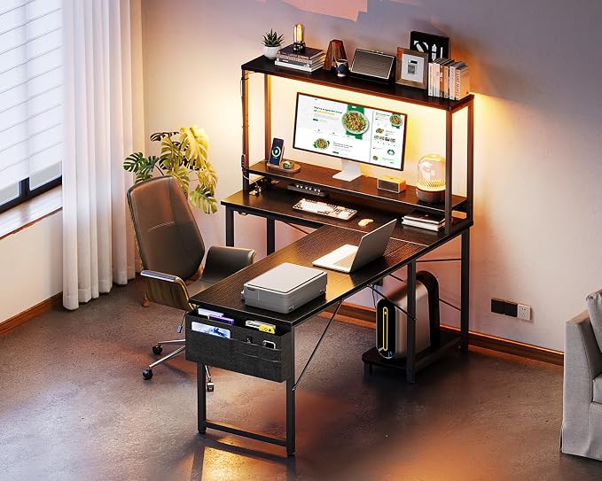 ODK 53" L Shaped Gaming Desk with Shelves, LED & Outlets, Black | Hook for headset, bag for gear. Shelves for books & supplies. LED for gaming nights. Reversible. Home office computer desk. - Image 8