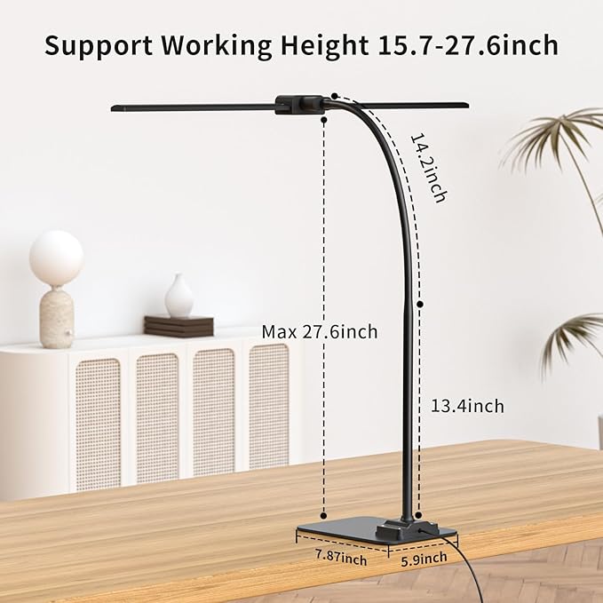 KableRika Desk Lamp Double Light: Bright Led Desk Lights for Home Office - Eye Care Reading Table Lamps with Base - Dimmable Desktop Lighting for Computer Monitor Study Drafting - Image 6