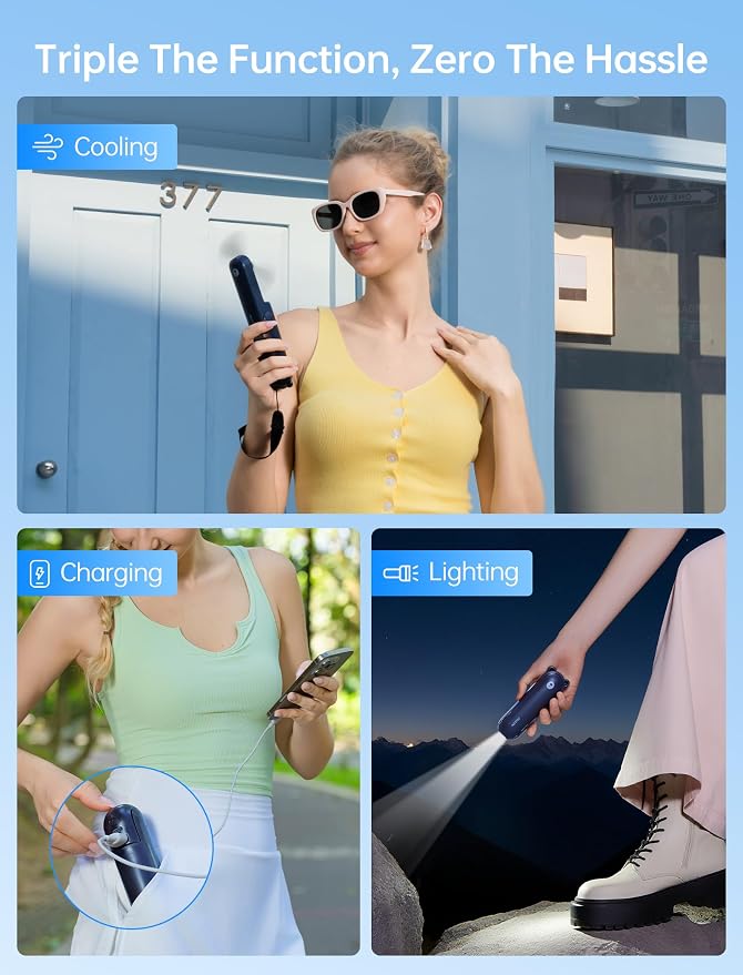 JISULIFE 3 IN 1 Handheld Mini Fan - Portable Fan & Power Bank & Flashlight, 19H Max Cooling, USB Rechargeable, Pocket-Sized for Travel, Cruise, Concerts, Makeup, 2026 Summer Gifts for Women(Blue) - Image 2