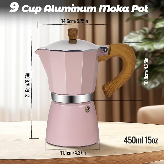 9 Cup Aluminum Moka Pot Classic Stovetop Espresso Coffee Maker 450ml 15oz Coffeemaker Percolator Mocha Pot Greca Coffee Maker Cafe Makers for Italian and Cuban Café Brewing Pink - Image 2