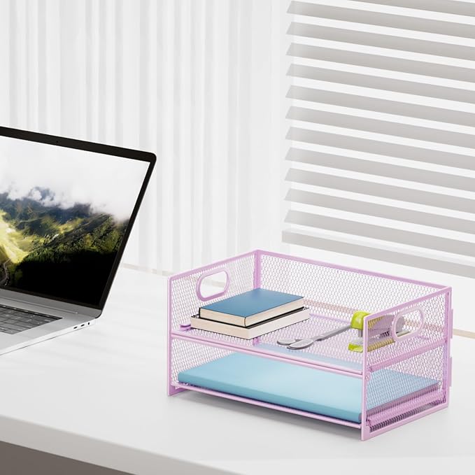 Marbrasse 2 Tier Paper Organizer Letter Tray, Mesh File Organizer with Handle, Paper Sorter Desk Organizer for Home Office Supplies - 2P Purple - Image 3