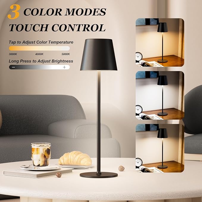 Kakanuo Cordless Table Lamp Rechargeable Black - KK 4 Pack Battery Operated Lamp for Dining Table, 3 Color Stepless Dimming Wireless Lamp for Counter, Outdoor Patio, Touch Control - Image 2