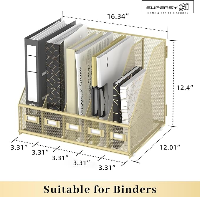 SUPEASY Desk Organizers Metal Desk Magazine File Holder with 5 Vertical Compartments Rack File Organizer for Office Desktop, Classroom, Home Workspace, Golden Yellow, Plus - Image 3
