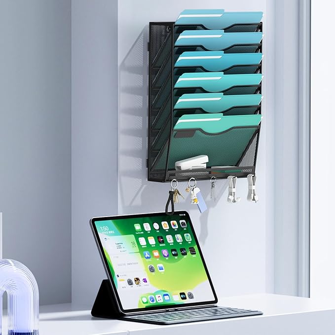 Gawerk 7-Tier Wall File Organizer Hanging Wall File Holder Wall Mount Paper Folder Organize, Mesh Magazine Document Mail Organizer for Office School Home, Black - Image 4