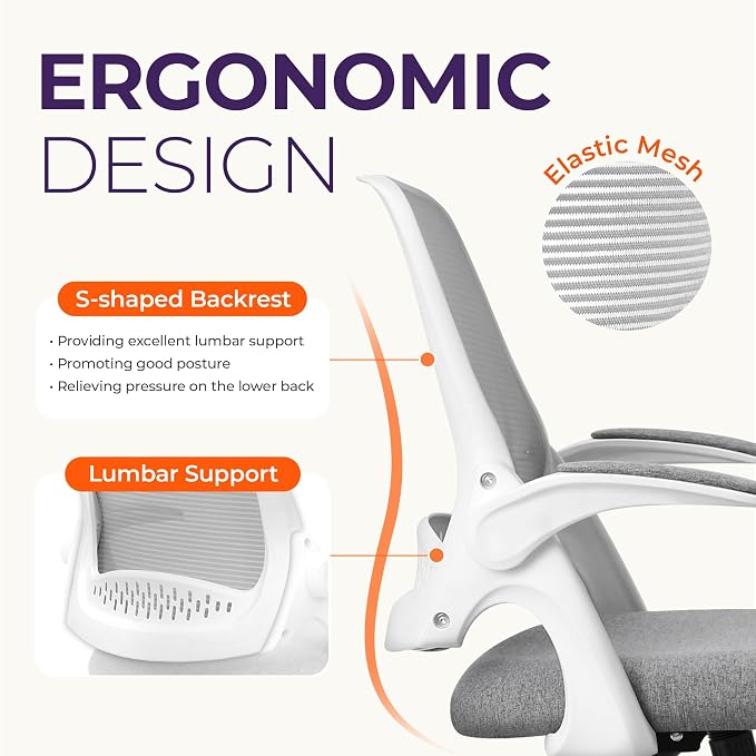 NEO CHAIR Office Desk Chair, Ergonomic Mesh with Flip-Up Armrests, Grey | Lumbar Support, Height Adjustment, 360° Swivel and Rolling Base, Space-Saving Design for Home Office, Vanity or Study - Image 3