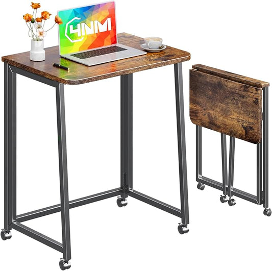 4NM 23.6" Mobile Small Folding Desk, Foldable Rolling Computer Home Office Desk, Study Writing Table for Small Space Saving Bedroom, with Wheels - Rustic Brown and Black by 4NM
