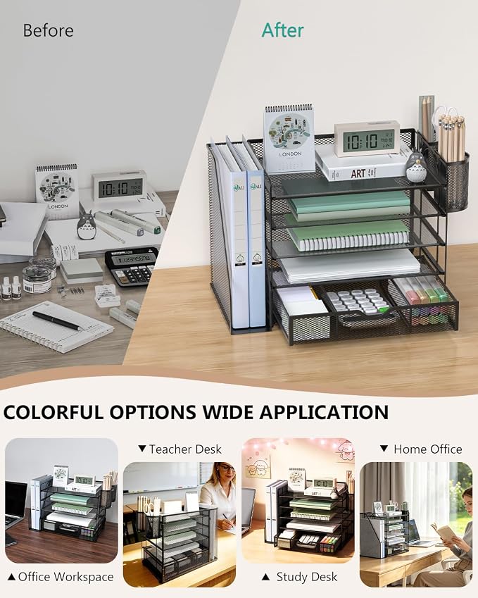 WALI Desk File Organizer, 5 Tier Desktop Paper Letter Tray Organizer with Drawer and 2 Pen Holders, Office Desk Accessories & Workspace Organizers for Office, Home Supplies(DO006DH-B), 1 Pack, Black - Image 6