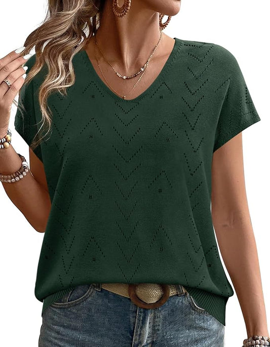 WIHOLL Short Sleeve Sweater for Women V Neck Trendy Cute Tops Business Casual Outfits Cap Sleeve by WIHOLL