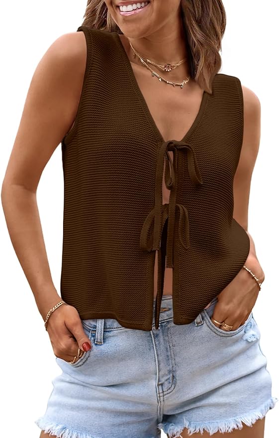 LILLUSORY Womens Tie Front Tops Vacation Sweater Vest | Bohemian Style, Beach Resort Wear, Concert Western Outfits, Crochet Tops, Vacation Outfits, Cute Y2k Sleeveless 2026 by Lillusory