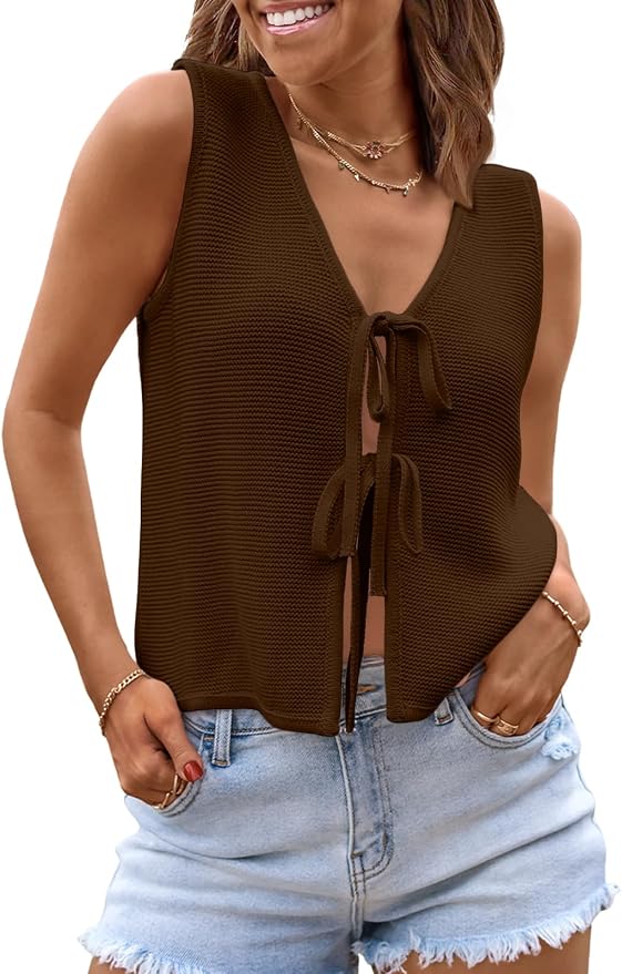 LILLUSORY Womens Tie Front Tops Vacation Sweater Vest | Bohemian Style, Beach Resort Wear, Concert Western Outfits, Crochet Tops, Vacation Outfits, Cute Y2k Sleeveless 2026 by Lillusory
