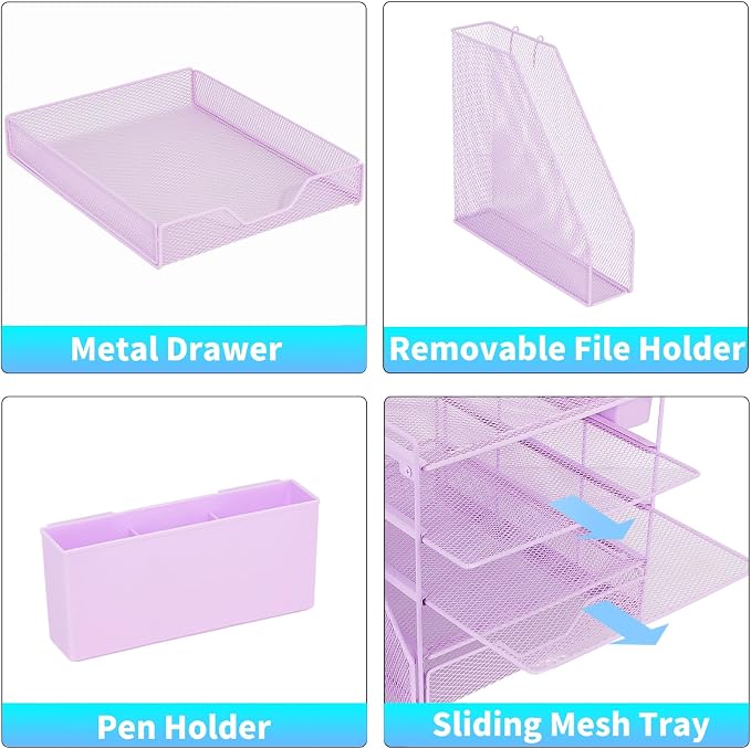 Desk Organizers and Accessories, 5-Tier Paper Letter Tray Organizer with File Holder, Drawer & Pen Holder, Office Desk Accessories, Desktop Organizer for Classroom Office Supplies, Purple - Image 3