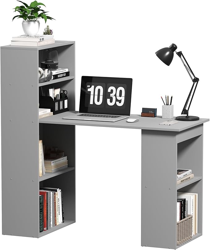 HOMCOM Modern Home Office Desk with 6-Tier Storage Shelves, 47", Gray | Writing Desk, Bookshelf by HOMCOM