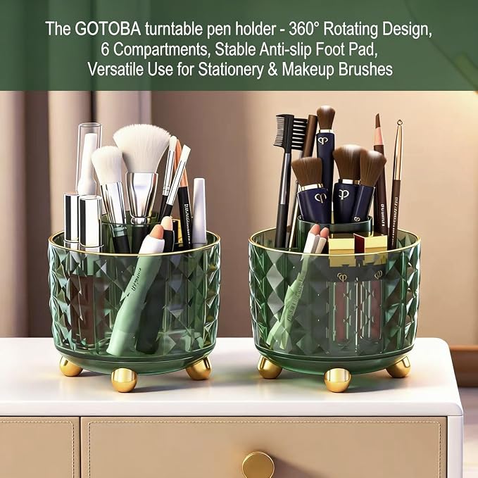 GOTOBA Dark Green Pen Pencil Holder for Desk, 360° Rotating Pen Organizer, Green Office Supplies, Cute Pen Holder, 6-Compartment Pencil Holder Rotating - Image 3