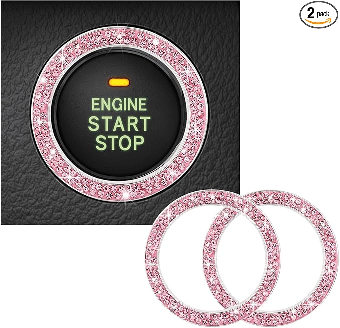 Kewucn 2 PCS Bling Crystal Double Rhinestone Car Engine Start Decoration Ring, Sparkling Push Start Button Sticker, Key Ignition & Knob Ring Decoration, Bling Car Interior Accessory(Pink) by Kewucn