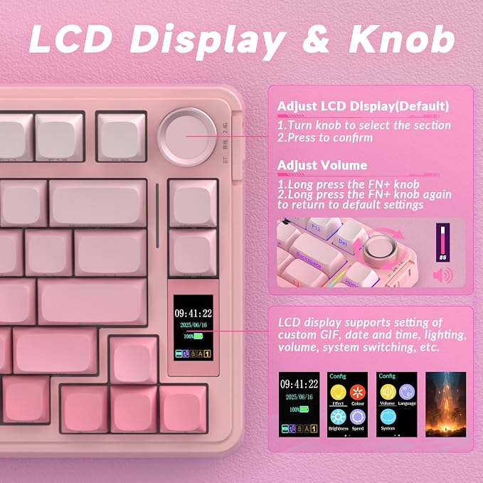 AULA S75 PRO Wireless Mechanical Keyboard with Screen&Knob, Tri-Mode Hot Swappable Gaming Keyboard 75%, Pre-lubed Switches, RGB Backlit, Side Printed PBT Keycaps, Creamy Sounding Pink Keyboards - Image 3