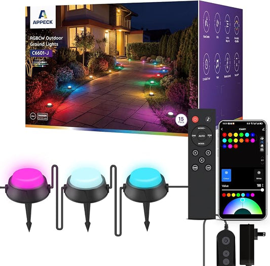 APPECK Outdoor Ground Lights 15 Pack, 32FT RGBCW Pathway Lights Wired | Color Changing Landscape Lights, 2200-6500K CCT, IP65 Waterproof, for Path Garden Lawn, Holiday/Party Decor, Alexa Compatible by APPECK