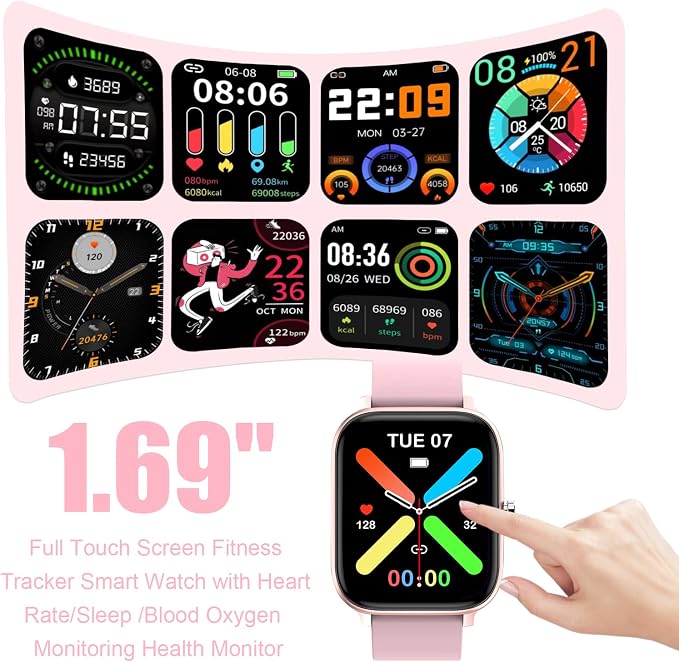 Smart Watch for Men Women Compatible with iPhone Samsung Android Phone 1.69 inch Full Touch Screen IP68 Waterproof Bluetooh Fitness Tracker Heart Rate/Sleep Monitor (Pink) - Image 2
