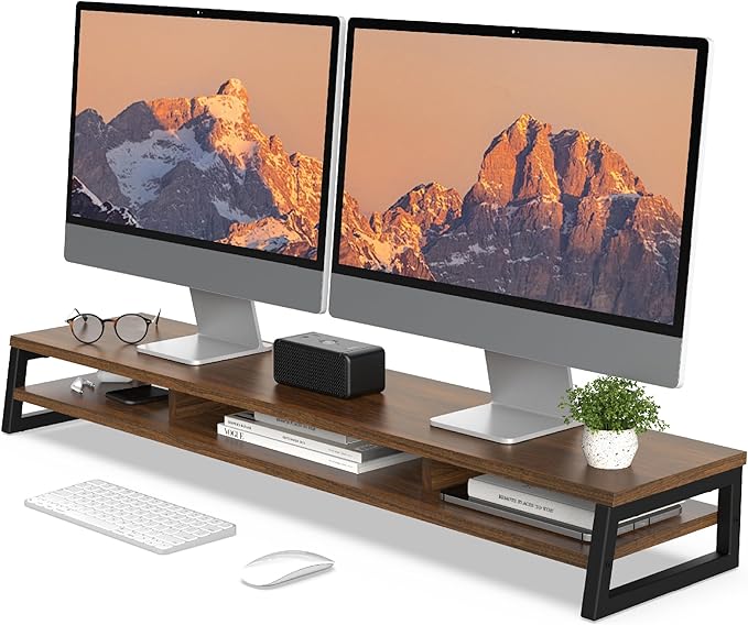 Fenge Dual Monitor Stand for Desk, 42.5in Large Monitor Riser for 2 Monitors, 2 Tier Computer Office Desk Top Shelf, Desktop Storage Stand for Laptop, PC, Computer, Printer by Fenge