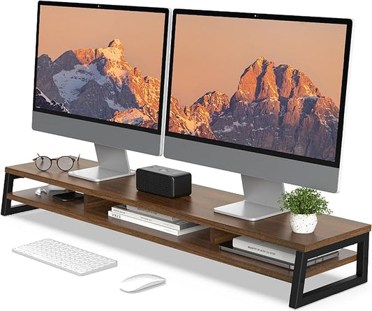 Fenge Dual Monitor Stand for Desk, 42.5in Large Monitor Riser for 2 Monitors, 2 Tier Computer Office Desk Top Shelf, Desktop Storage Stand for Laptop, PC, Computer, Printer by Fenge