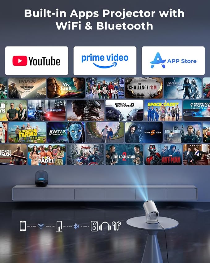 Mini Projector, Portable Projector with Wifi and Bluetooth, Built in Apps | Support 4K 1080P, 180° Rotation, Auto Keystone, Movie Projector Compatible With HDMI/USB/TV Stick/Smartphone/Laptop - Image 3