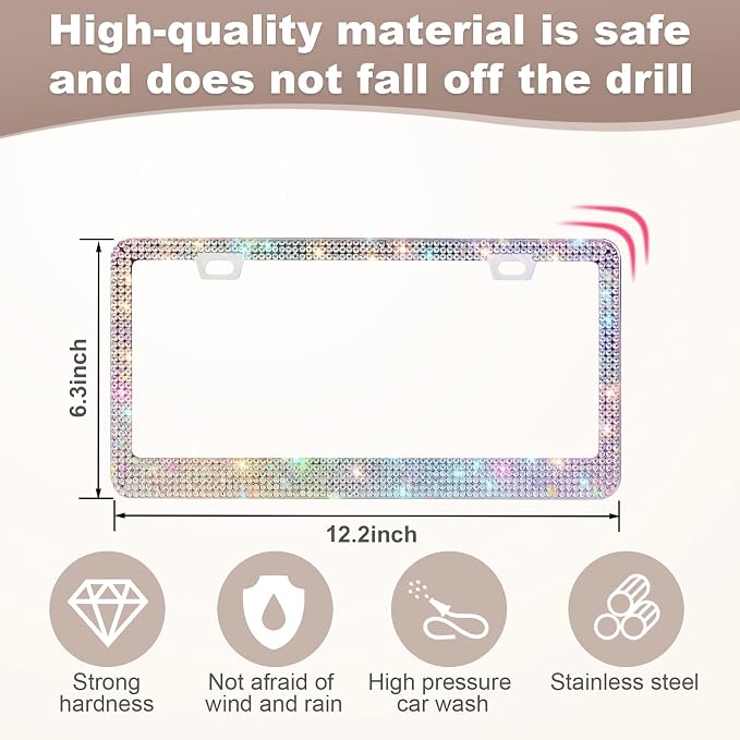 QUANQIUFEI Bling License Plate Frames for Women, Sparkly Rhinestone Diamond Car Accessories with Glitter Crystal Caps (1 Pack Colorful) - Image 2
