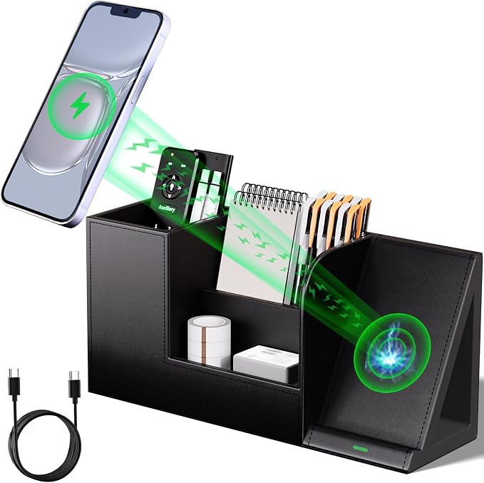 LADSTAG Pen Organizer with Phone Stand,Black Vegan Leather Desk Organizers with Remote Control Holder,Pencil Holder for Desk,Desk Organizer with Phone Charger for Office/Nightstand/Endtable by LADSTAG