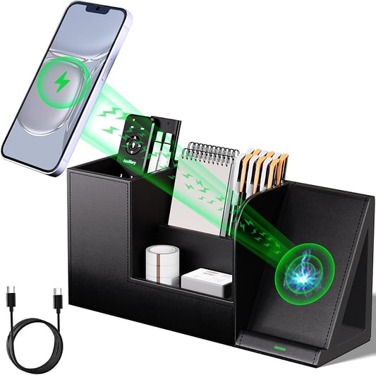 LADSTAG Pen Organizer with Phone Stand,Black Vegan Leather Desk Organizers with Remote Control Holder,Pencil Holder for Desk,Desk Organizer with Phone Charger for Office/Nightstand/Endtable by LADSTAG