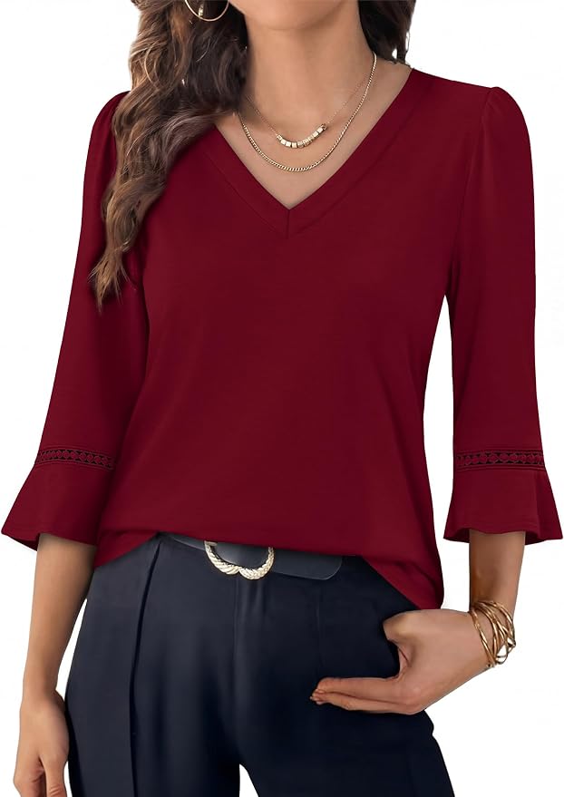 WIHOLL Womens Blouses Dressy Casual 3/4 Length Sleeve Tops Lace Trendy 2026 Spring Summer V Neck Shirts Vacation Outfits - Image 2