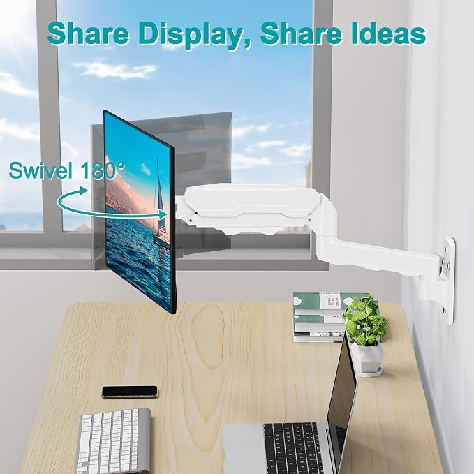 MOUNT PRO Single Monitor Wall Mount for 13 to 32 Inch Computer Screens, Height Adjustable Wall Mount Monitor Arm Holds Up to 19.8lbs, Full Motion Wall Bracket, VESA Mount 75x75, 100x100, White - Image 3