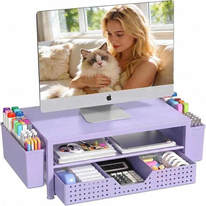 OPNICE Desk Organizers and Accessories, 2-Tier Computer Monitor Stand Riser with Drawer and 2 Pen Holders, Laptop Stand, Office Desk Accessories for Office Supplies, Purple by OPNICE