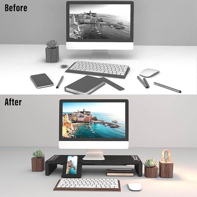 OImaster Adjustable Monitor Stand Riser with Drawer - Foldable Computer Stand for Desk, Desktop Organizer with Phone Holder & Pen Slot, Space Saving Laptop Riser for Home Office, Black - Image 7