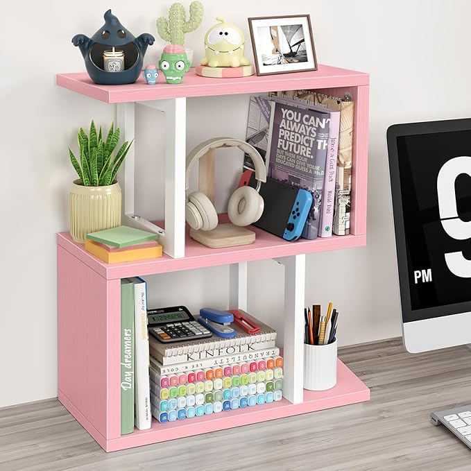 Desktop Bookshelf for Top of Desk Shelf - Pink Book Organizer 3-Tier Shelves Storage Small Bookcase Hutch for Dorm Office College by Unknown