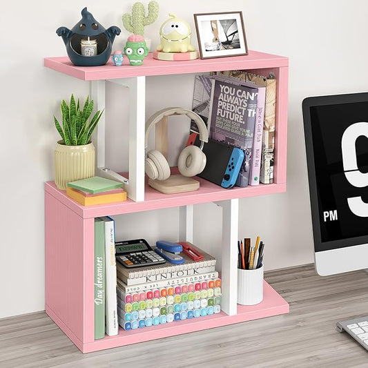 Desktop Bookshelf for Top of Desk Shelf - Pink Book Organizer 3-Tier Shelves Storage Small Bookcase Hutch for Dorm Office College by Unknown