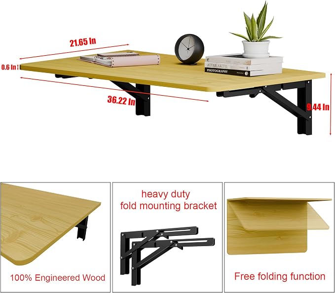 IAE 36x22in Floating Fold Desk,Wall-Mounted Folding Computer Table,Natural | Study Table with Shelf Brackets,Foldable Down Shelf with Engineered Wood,Fold Computer Desk for Small Apartment,Holds 504 lb - Image 2