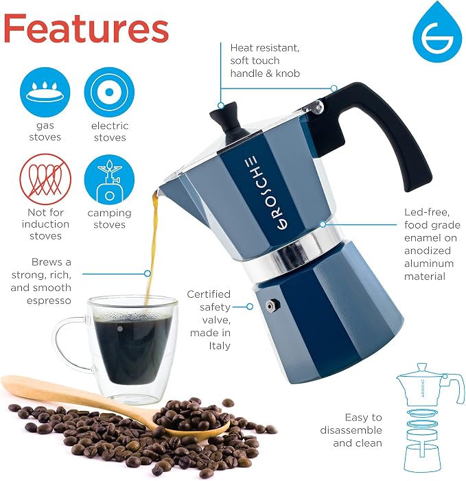 GROSCHE Milano Stovetop Espresso Maker Moka Pot 6 espresso Cup, 9.3 oz Blue | Cuban Coffee Maker And Italian Moka Pot For Stovetop Espresso; For Gas, Electric, And Propane Stoves With A Soft-Touch Handle - Image 3
