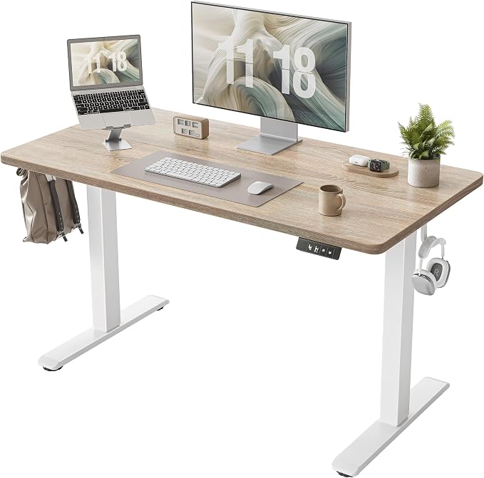 TIQLAB Electric Height Adjustable Standing Desk 47.2×23.6 inch, Sit Stand Desk for Work, Study, Memory Controller, White Frame & Maple Top Computer Workstation for Home Office by TIQLAB