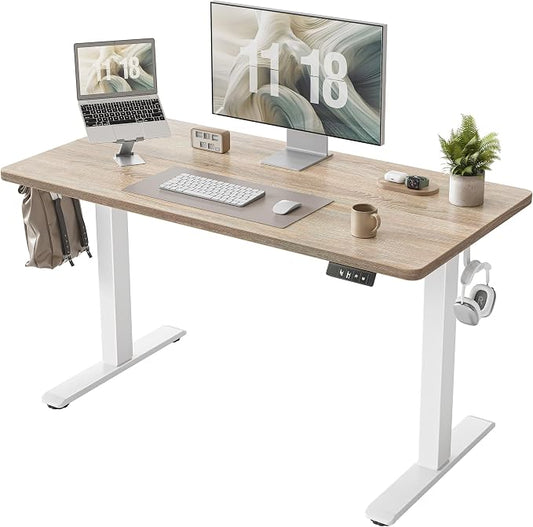 TIQLAB Electric Height Adjustable Standing Desk 47.2×23.6 inch, Sit Stand Desk for Work, Study, Memory Controller, White Frame & Maple Top Computer Workstation for Home Office by TIQLAB