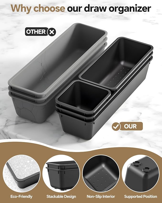 Canfanni 13 Pack Plastic Drawer Organizers Set, 3 Sizes Desk Drawer Organizer Trays for Vanity and Makeup Organizer, Organization and Storage for Makeup, Kitchen Utensils, Bathroom and Office(Black) - Image 3