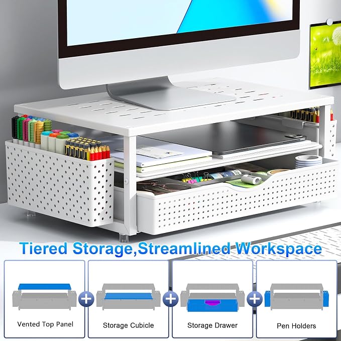 gianotter Desk Organizers and Accessories, Monitor Stand with Drawer and 2 Pen Holder, Desktop Organizer Suitable for Offices and Dormitories (White) - Image 2