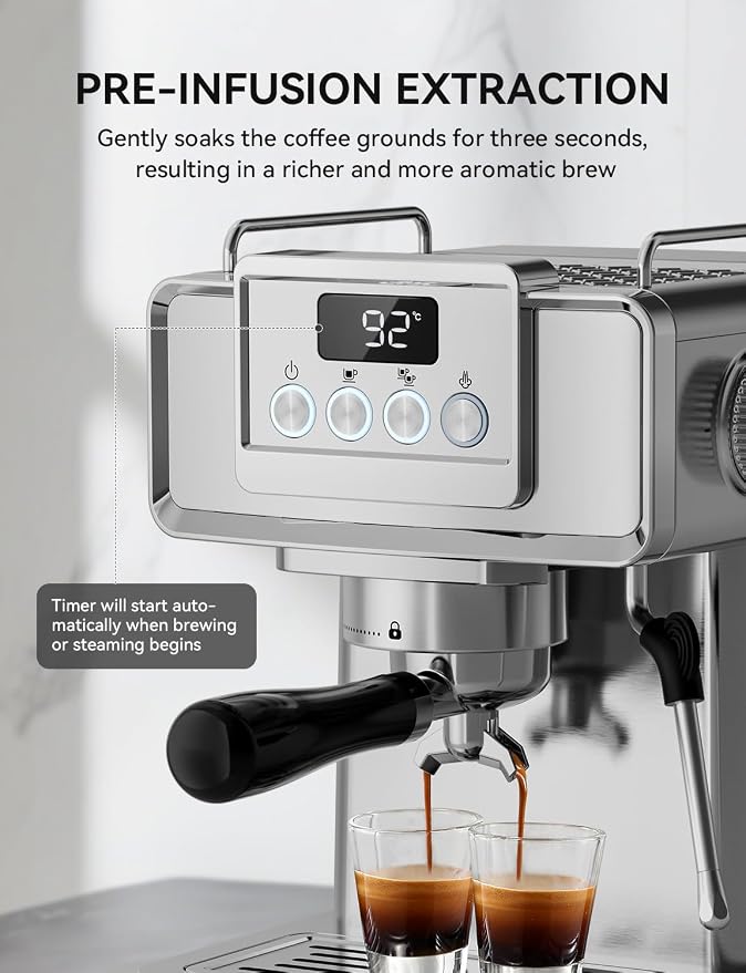 SUMSATY 20 Bar Espresso Machine Stainless Steel with Powerful Milk Frother | LED Display Espresso Coffee Machine 1350W Fast Heating Home Barista to Make Latte Cappuccino, Pre-Infusion, 61oz Water Tank - Image 3