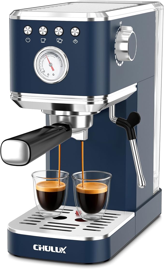 CHULUX Slim Espresso Machine with Milk Frother for Home Latte, Dark Blue | Precise Pressure Gauge, Food-Grade Materials, 20 Bar Italian Pump, Professional Temperature Control System, Stainless Steel by CHULUX