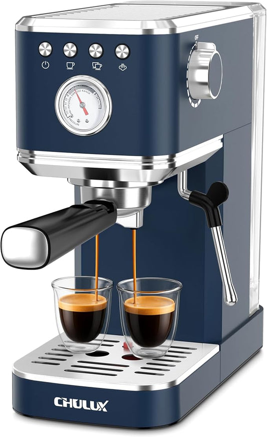 CHULUX Slim Espresso Machine with Milk Frother for Home Latte, Dark Blue | Precise Pressure Gauge, Food-Grade Materials, 20 Bar Italian Pump, Professional Temperature Control System, Stainless Steel by CHULUX
