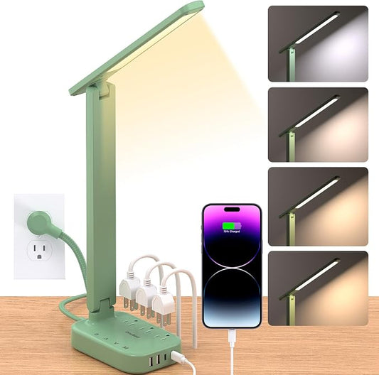 LED Desk Lamp Power Strip with 4 USB 3 Outlets, Dorm Room Essentials, Green | One Beat 4 Modes 5 Level Brightness Touch Lamp, Small Desk Lamp for Home Office College Dorm Essentials, Study Reading Light by OneBeat