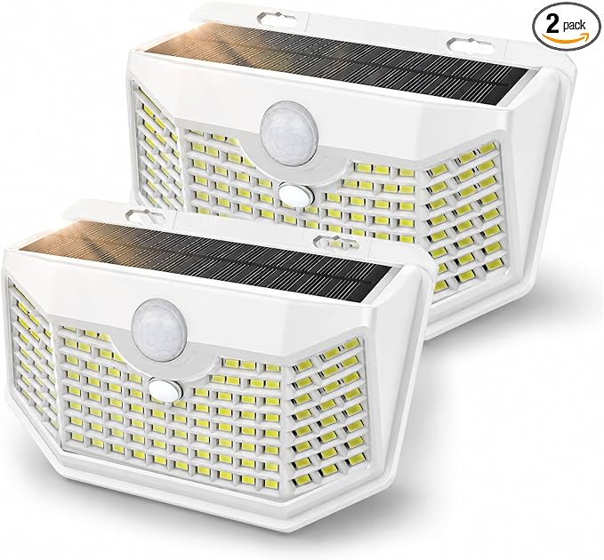 HMCITY 120 LED Solar Lights Outdoor with Motion Sensor and 3 Lighting Modes, IP65 Waterproof Wide Solar Wall Lights Ideal for Garden Patio Yard (Front Button 2Packs, White Shell-Daylight White) by LightingUpYourLife