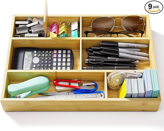 Bamboo Drawer Organizer with 9 Adjustable Compartments, Office Desk Organization Tray for Office Utensils, Supplies, Makeup, Jewelry, and More – Ideal for Desk or Drawer Storage by VA1KENE
