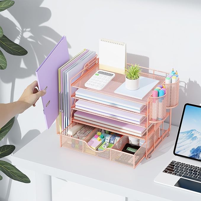 gianotter 5-Tier Desk Organizer with Drawers and File Holders | Letter Trays and Pen Holders - Workspace Accessories for Office Supplies (Rose Gold) - Image 3