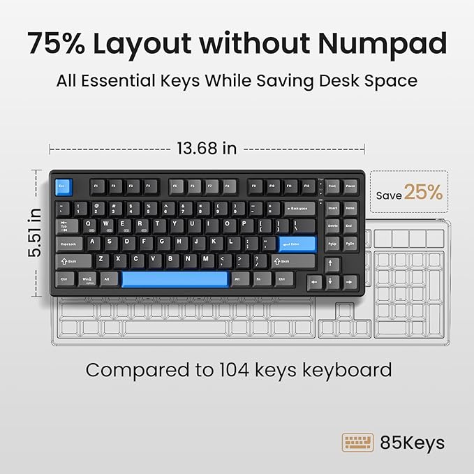 Kisnt KN85 Wireless Mechanical Keyboard, 75% Layout, Bluetooth/2.4GHz/USB-C, Custom RGB Backlit, Hot-Swappable Linear Switch, Creamy Sound for Gaming/Typing (Textured Black) - Image 3