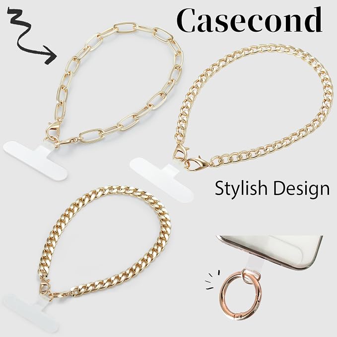 3 pcs Phone Charm with Gold Metal Chain Detachable Lanyard Hand Wrist Smartphone Strap Finger Grip Strap with 4 Patches Tether CellPhone Stand Holder Universal for iPhone 17 16 Pro Max Charms - Image 2