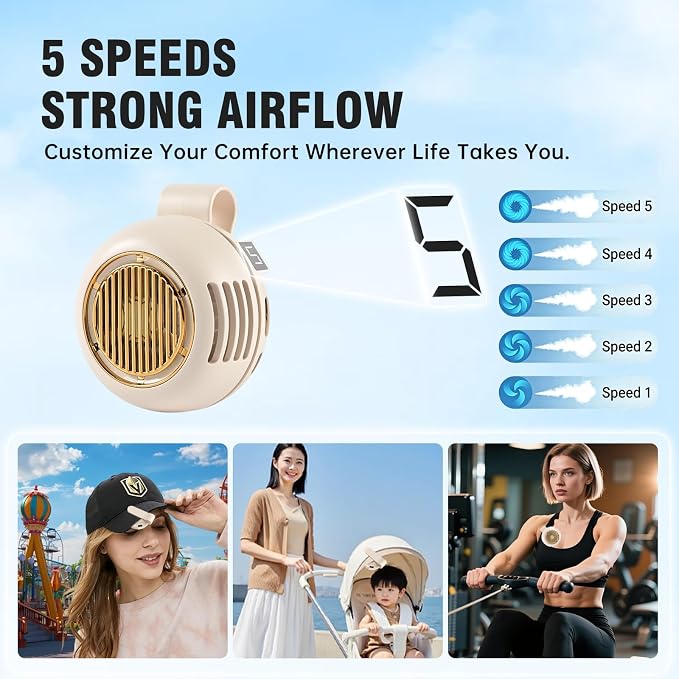Wearable Clip Fan Rechargeable, 360° Rotating Mini Personal Fan, 5 Speed Bladeless Portable Neckline & Waist Cooling Fan for Outdoor Work, Construction, Camping, Gardening,Office, Travel Essentials - Image 3